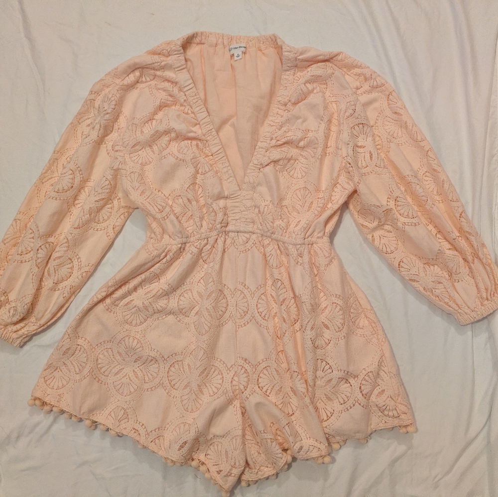 The Drop Women's Long Sleeve Crochet Lace Deep V-Neck Short Romper - Picture 6 of 11